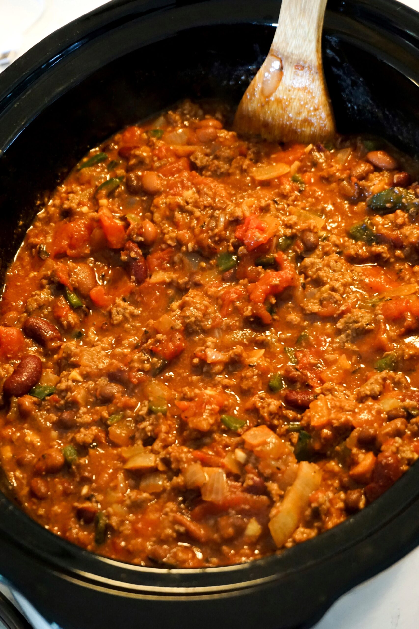 Picture of Chili in crockpot with spoon
