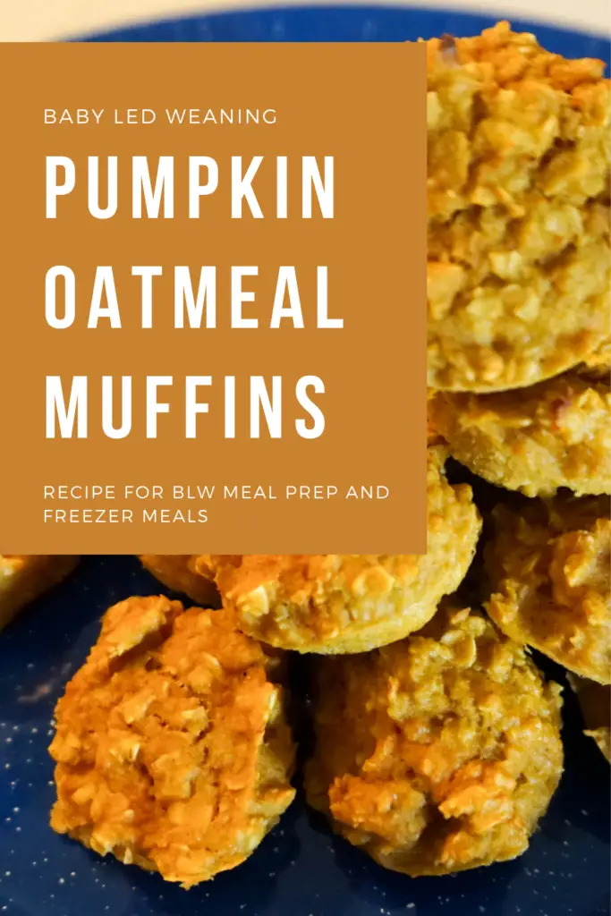 Pin for Pinterest. Orange banner with title "Baby led weaning - Pumpkin oatmeal Muffins - Recipe for BLW meal prep and freezer meals" Mini Pumpkins Oatmeal Muffins that are orange in color.  Sitting on a blue speckled enamel camping plate.  White background.